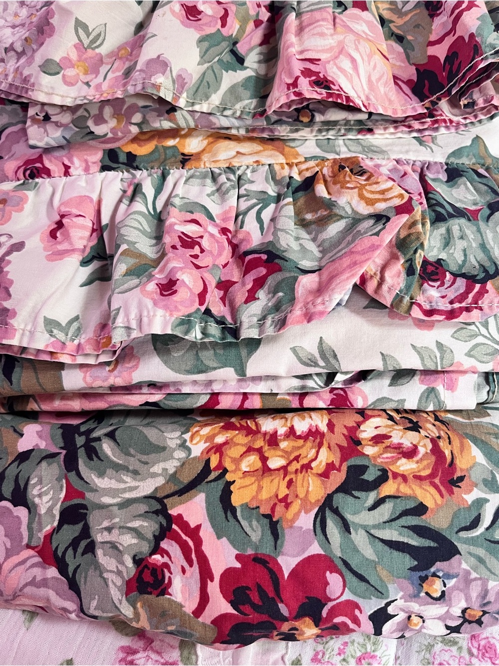 Vintage Ralph Lauren Floral Ruffle Sheet Set in Pink, Burgundy, gold
